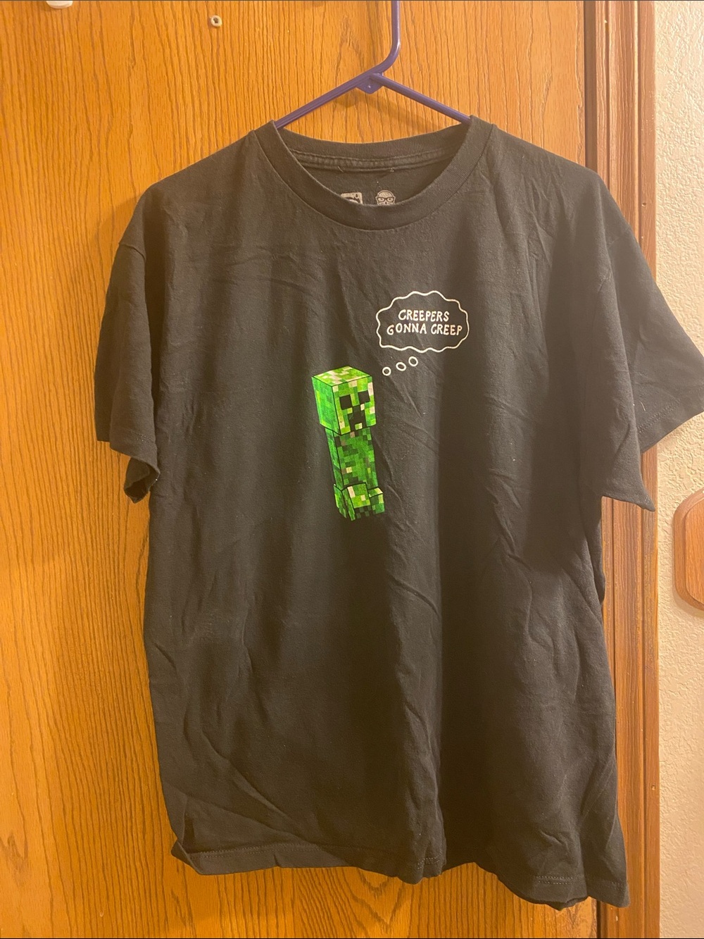 Black Short Sleeve Graphic Tee with Green Creeper Print